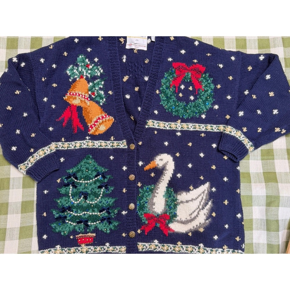 Vintage 1995 Marisa Christina Christmas Sweater 2X Navy Blue Golden Buttons